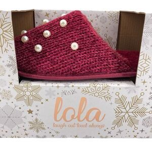 Lola Women’s Wine Red Faux Pearl Embellished Cozy Faux Fur Slippers 6.5 - 7.5